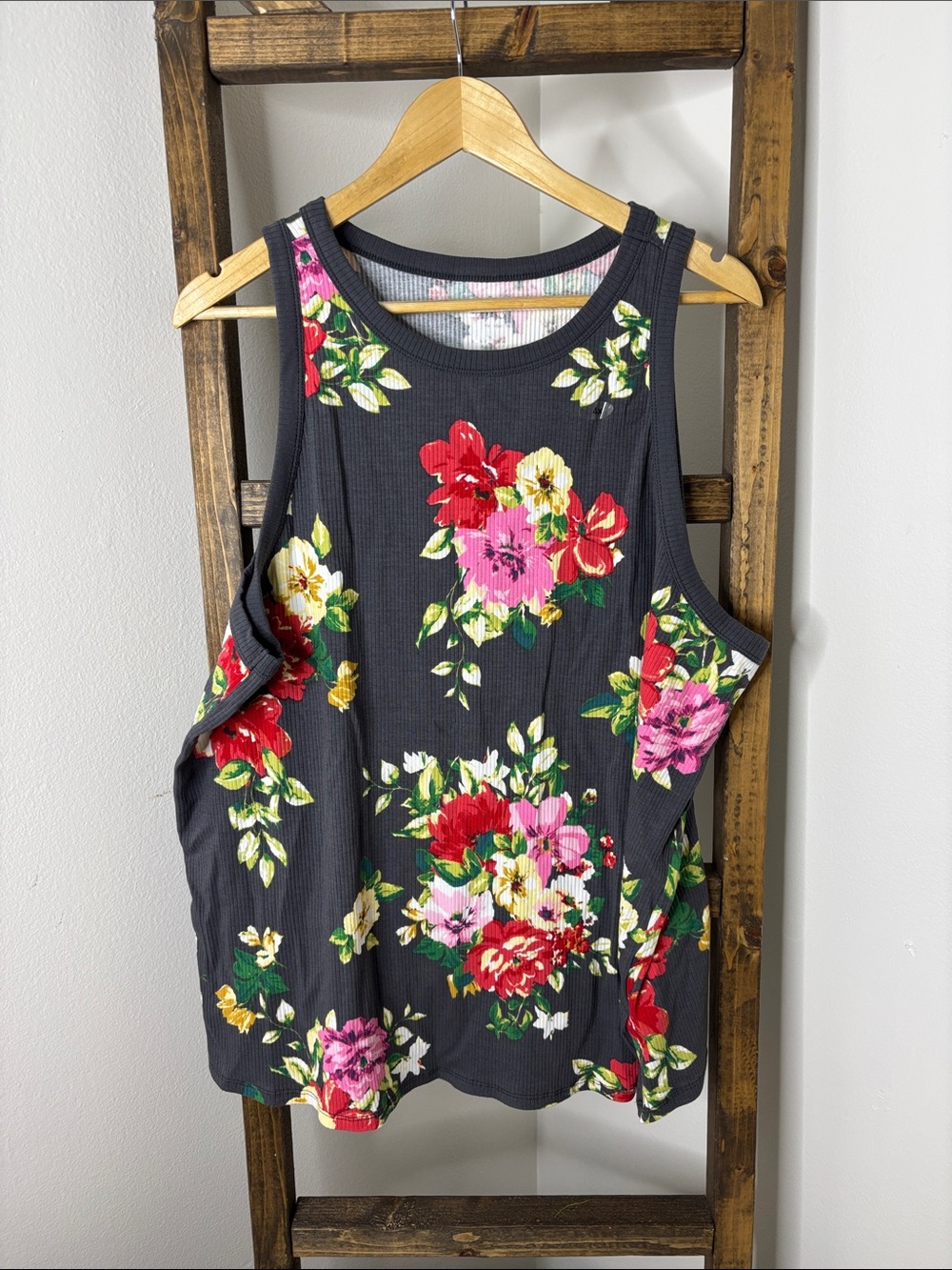 Maurices Charcoal Floral Ribbed Sleeveless Tank Top Plus Size 4X